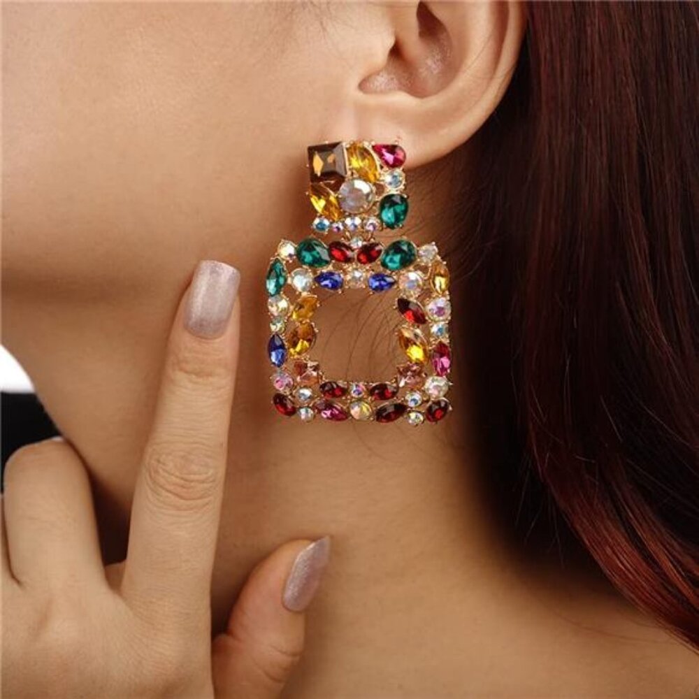 Crystal Square Dangle Statement Earrings Geometri… - image 1